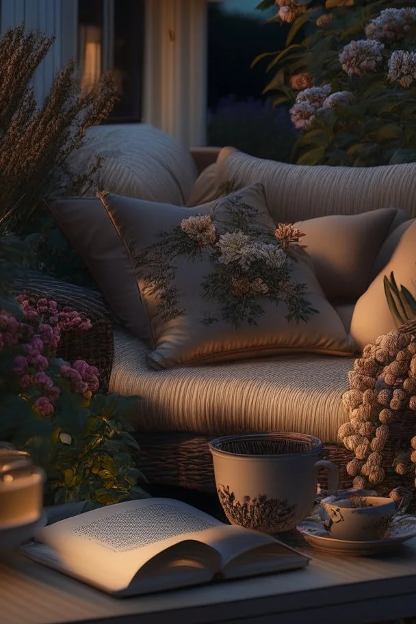 Night, twilight, a light brown wicker sofa with floral cushions, a glass-topped table in front of it, coffee steaming in a porcelain cup, and a down-turned open book next to it. Above the settee, flower bushes in planters, all on the terrace of a luxury house S<AI Nikon D850 highly detailed digital painting sharp focus elegant intricate photorealistic 4k very attractive beautiful dynamic lighting award winning fantastic view crisp quality Unreal Engine very cute cinematic postprocessing acrylic