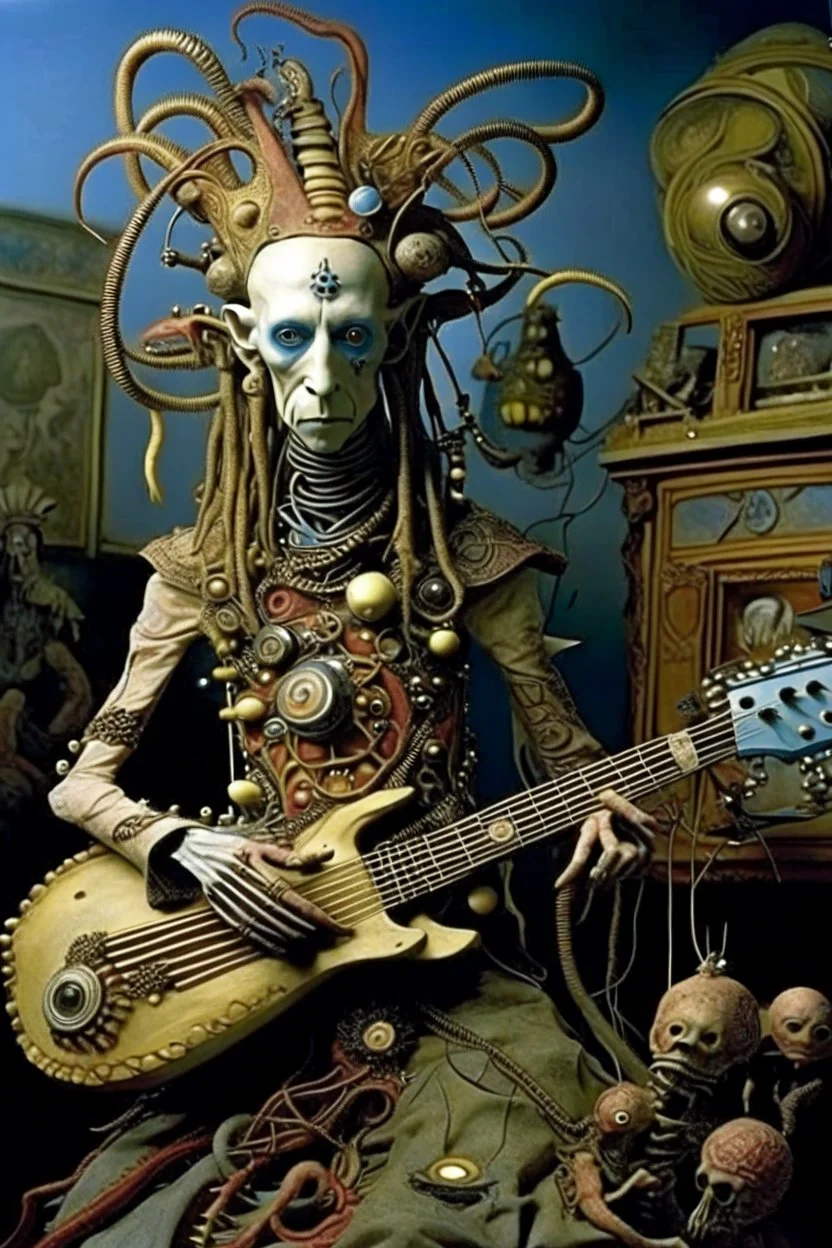 photo by tim walker : loan-blend human-alien biomorphic-animals squid indefinite head extreme wide shot head to toe portrait of weird krofft pufnstuff puppet voodoo cutie sitar player king human nervous systems, renaissance faire alex grey hyper detailed michael cheval with a playful expression made out of mechanical parts and robot arms; cyborg details, unusual and obscure photograph by františek vobecký of a surreal scene of ghastly men, pop art, clive barker style, 300mm f/.8, raw cinematic p