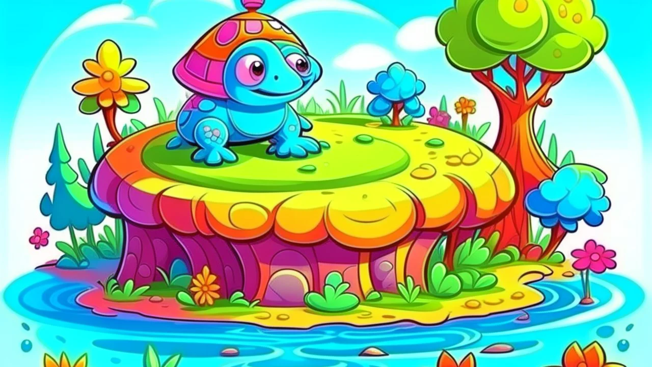 Fantasy cartoon illustration: Near a pond there is a cute colorful turtle's house.