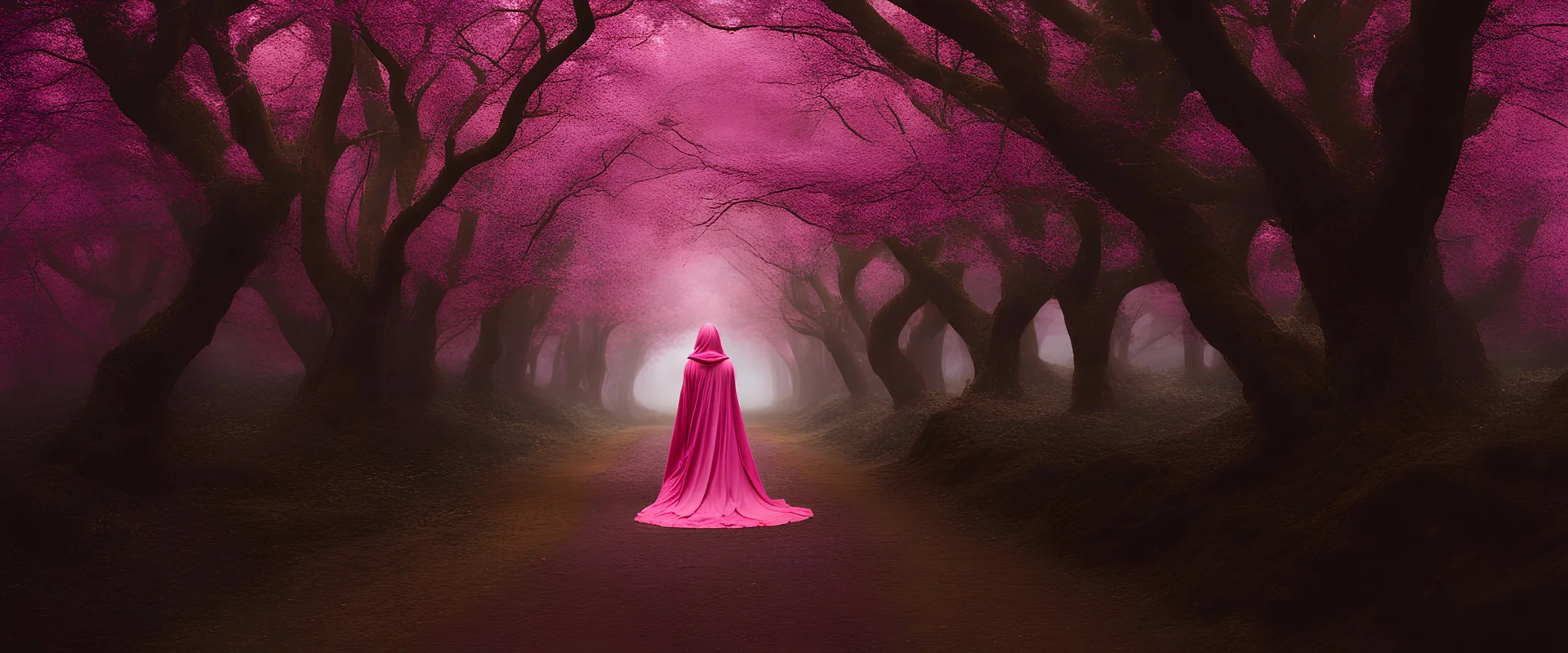 A magical pink forest with magic where a woman in a golden hood in leather golden clothes