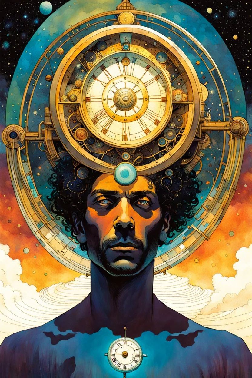 A portrait of the inner workings of the cosmic clockwork mind as it wonders at its own existence , Tracy Adams , Gabriel Pacheco , Douglas Smith , Bill Sienkiewicz, and Jean Giraud Moebius , muted natural color, sharp focus, ethereal and filled with wonder