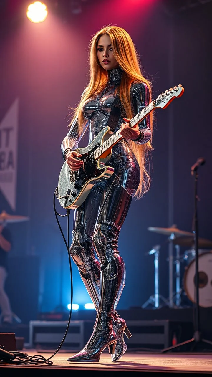 a photoshoot view fullbody all to feet beautifull Russian Supermodel long hair having humanoid body cyborg transparent visible glass shiny explore inside details machines mechanical parts,cool pose playing guitar rock on stage live music concert