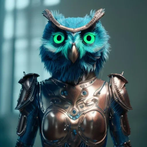 Anthropomorphic blue owl, big green eyes, lots of details, portrait, finely detailed armor, cinematic lighting, intricate filigree metal design, 8k, unreal engine, octane render, realistic, redshift render