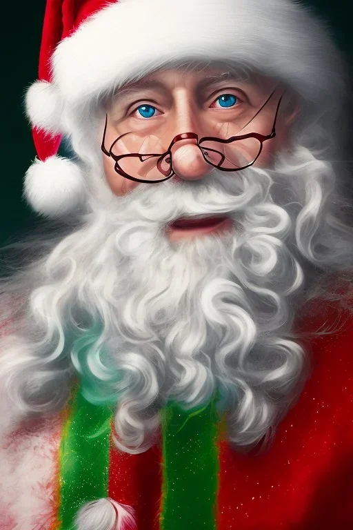 Santa, translucent, wearing green mask, white fire, red green blue, high definition, ultra 8 k, liquid lighting, fire, rain, realistic