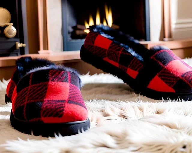 Red plaid slippers on a fur rug by kiva fireplace