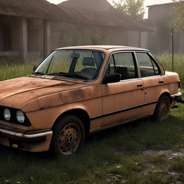 an abandoned 1990 bmw rust 2-door overgrown by nature with dust ,ultra realistic,concept, 4k ,on street,8k resolution, high-quality, fine-detail, parked in crowded city winter