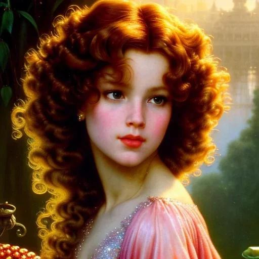 Hyperdetailed oil on canvas, young robyn lively by an ornate fountain, goldfish pond, lotus, detailed face, long muti-hued red curly hair; by gaspar camps, maxfield parrish, alphonse mucha, cyril rolando, dan mumford; luminous colorful sparkles, glitter, airbrush, octane render, volumetric lighting, 16k