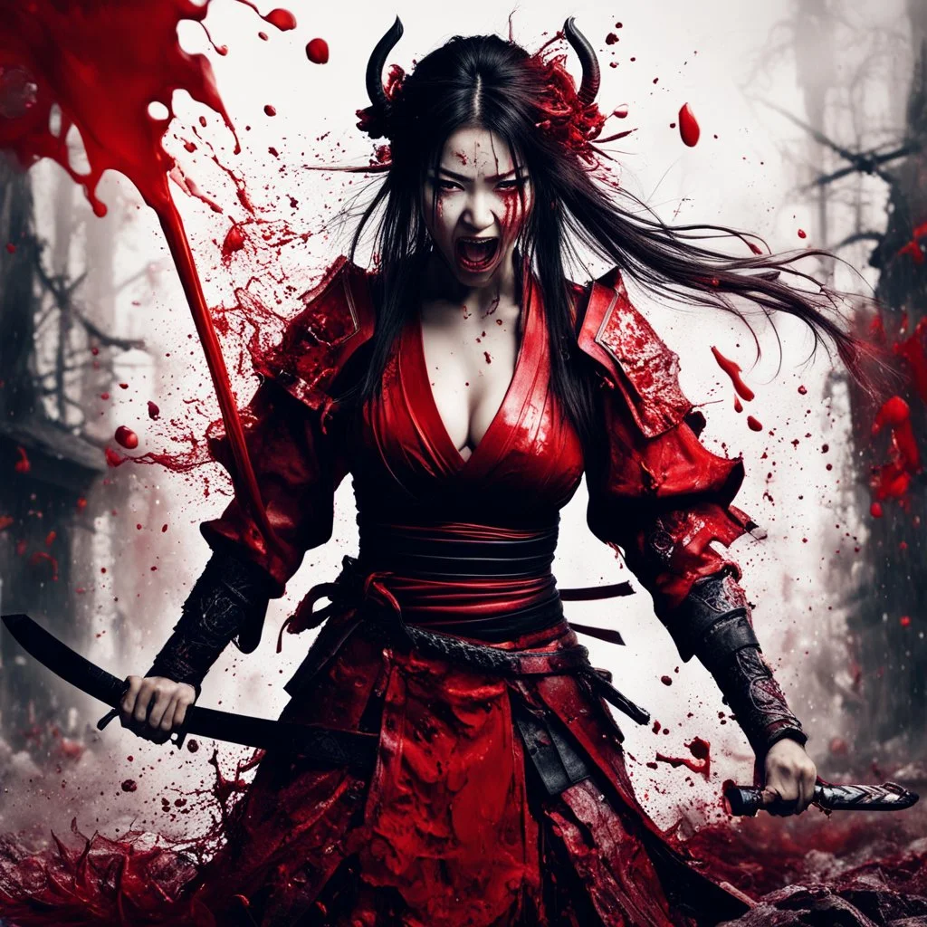 Tall girl samurai, face distorted with pain, screaming, tears streaming from eyes, siting pose, fullbody, splashes blood, behind guts rising from the ground, intricate, darkred tones, macro photography,