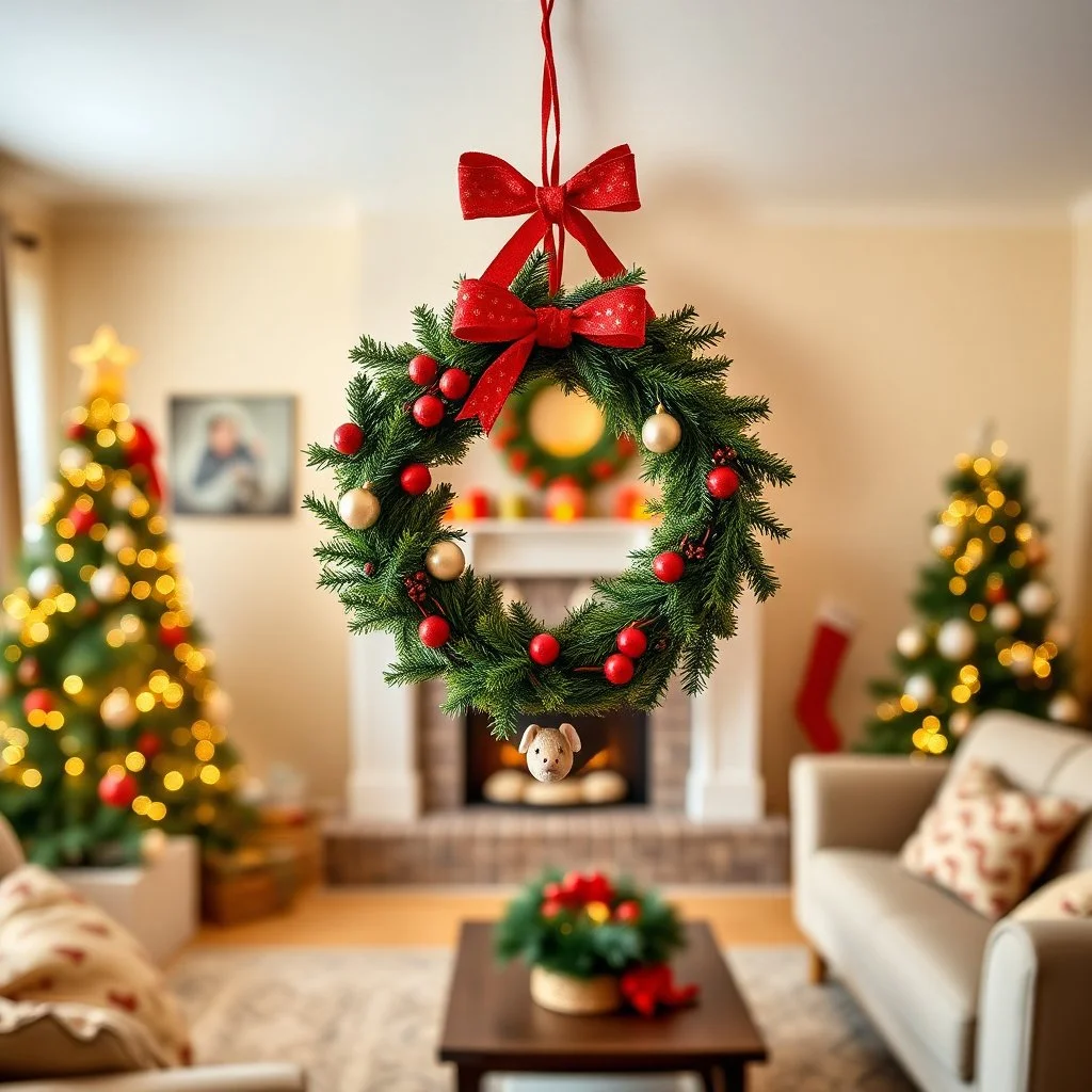 miniature christmas wreath hung over a mouse hole in a wall of a suburban living room, humorous, kitchy, photographic