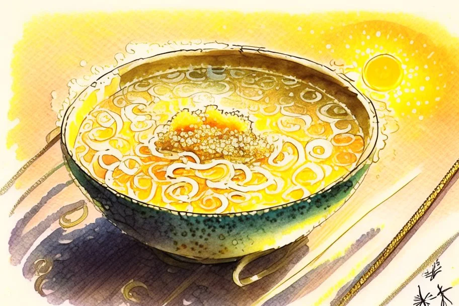 chinese curly soup, watercolor and ink, in sunshine, golden glitters