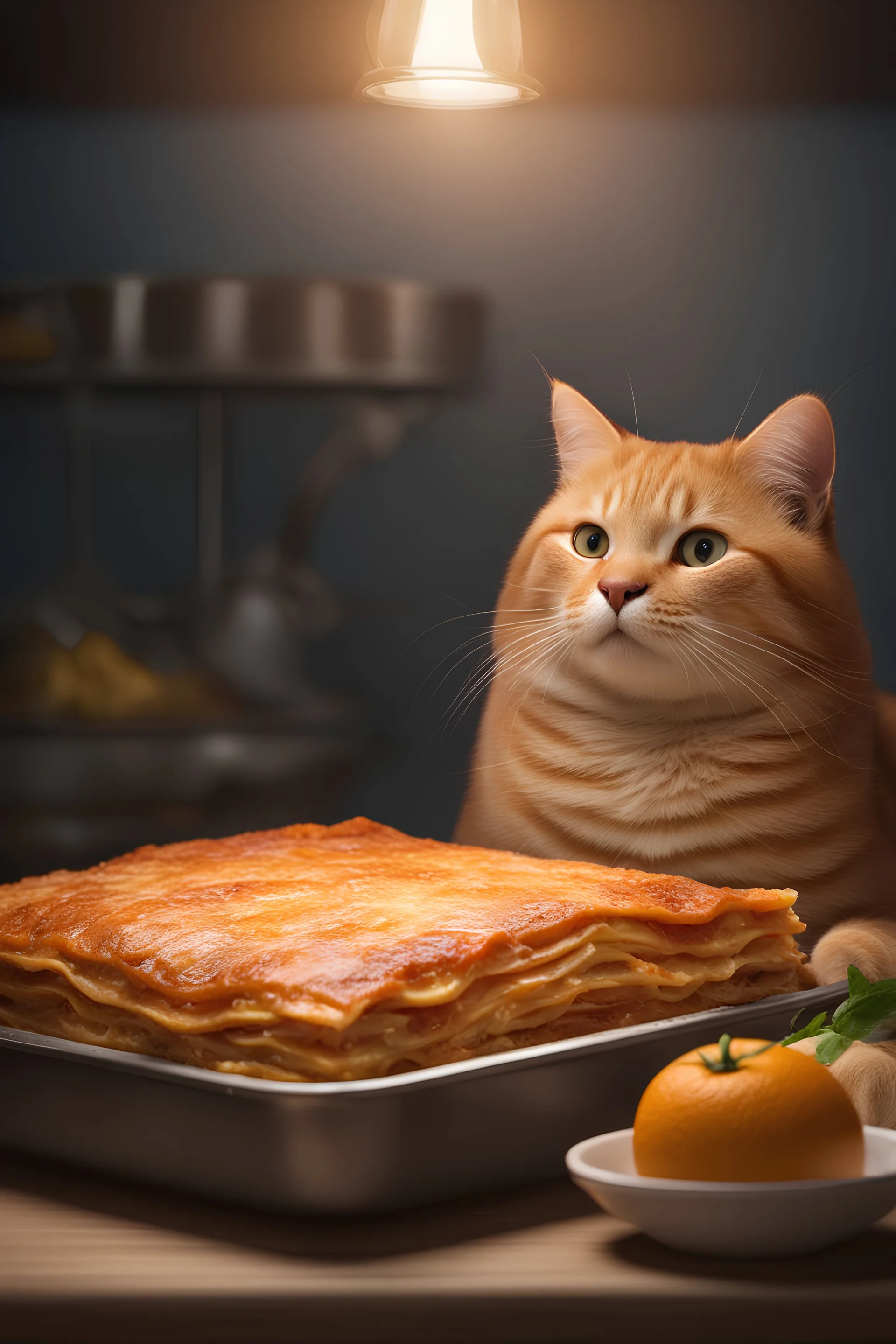 pixar animation - Disney animation - DreamWorks animation - 3D animation - Anime - a big, fat, orange tabby cat and a giant pan of Lasagna - gradated Background, professional quality studio 8x10 UHD Digital photograph, multicolored spotlight, Photorealistic, realistic stock photo, Professional quality Photograph. colored Fog - Multicolored lighting,