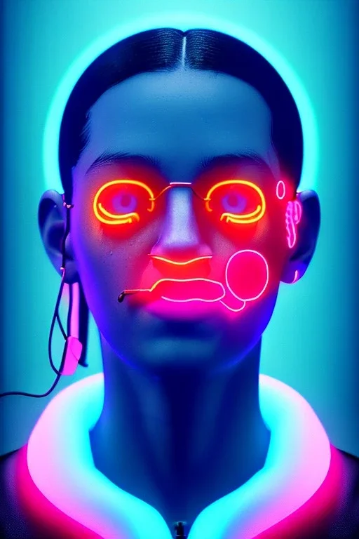 Ultra Realistic image, Rosalía artist, waist up portrait, black eye line, sweet angry face , gold, blue, pop style, pink spray line make up, geometric, neon, rings piercing, led ornament, fog, bubble latex coat, led lights, vibrant color, highly detailed, art stations, concept art, smooth, unreal engine 5, god rays, ray tracing, RTX, lumen lighting, ultra detail, volumetric lighting, 3d, finely drawn, high definition, high resolution.