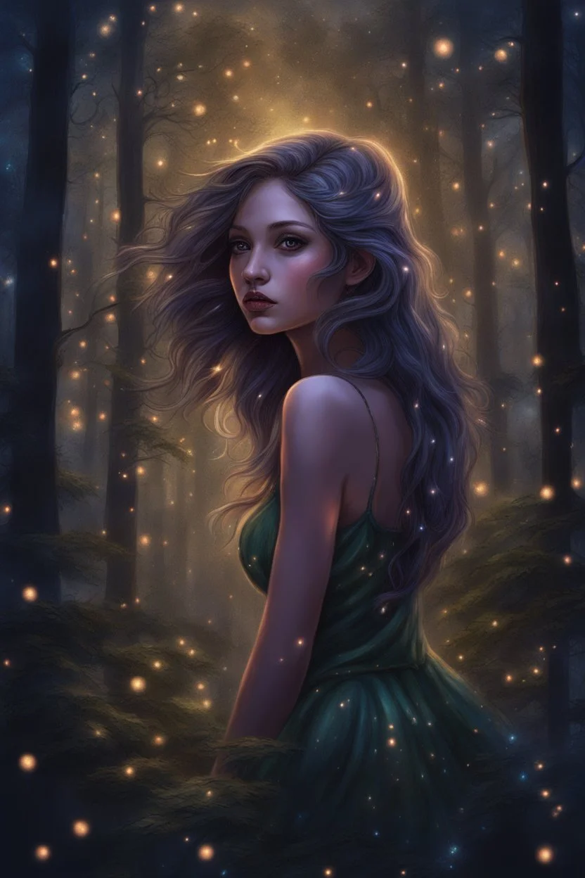 Painting of a dream girl in a fantasy forest, glitters in the forest background, digital painting, fantasy painting, dancing girl, song, fantasy art, fantasy girl, beautiful girl, beautiful face, 25 years old, beautiful painting, forest In the background, dark night, glitter in the background, fantasy forest, haunted forest