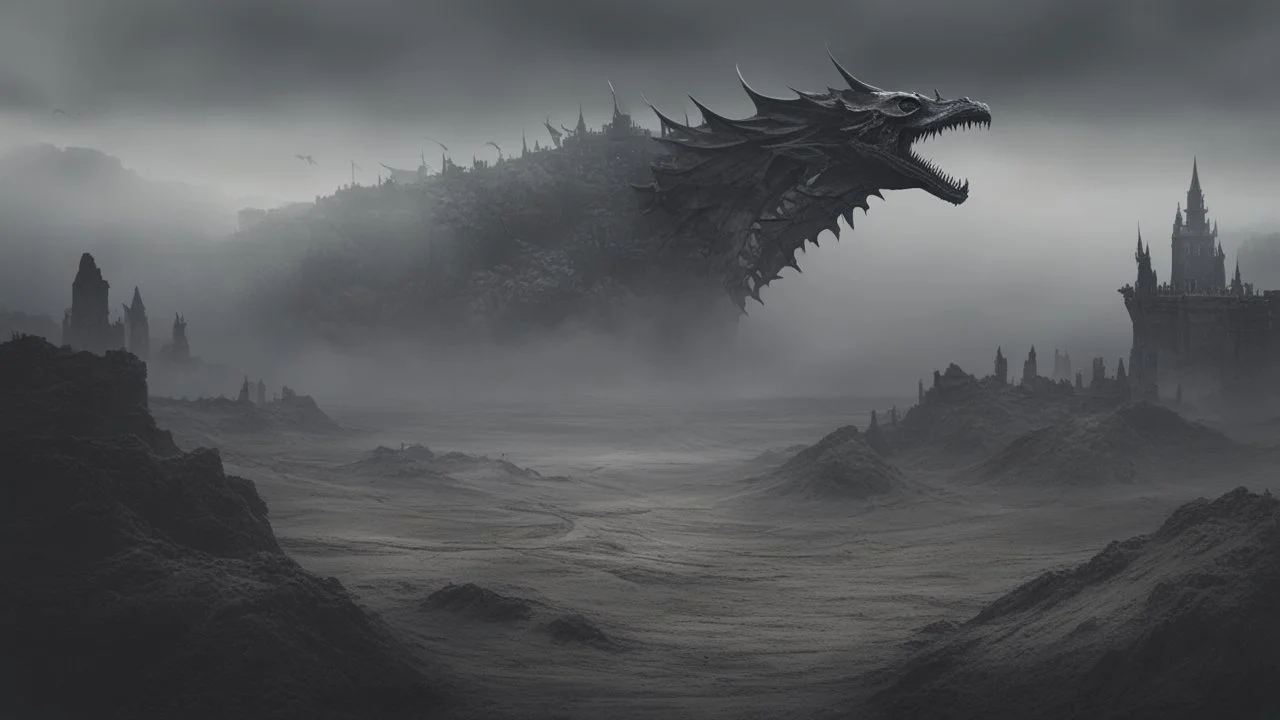 an apocalyptic flat landscape covered in dark gray dust. ancient battle field. skeleton. dragon bones everywhere. dark grey mist. dead ocean in the distance. seen from the ground. fantasy, horror. no trees