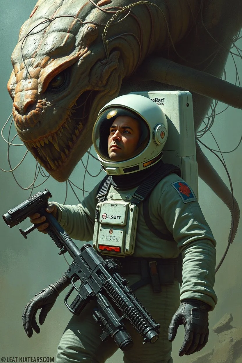 Bosch painting style, an astronaut surrounded by wired large creature with weapon behind him