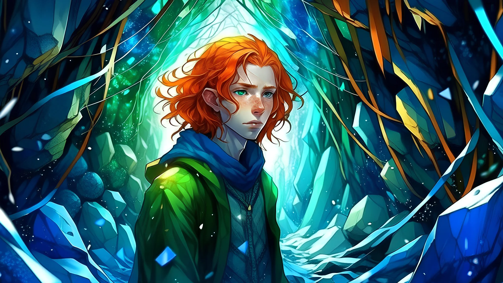 off to the side anime man with really long dark ginger red hair and sharp blue eyes and forest green sweater standing in a cave with glowing crystals surrounding him and ice crystals hanging from the roof of the cave the cave is narrow and deep very colorful