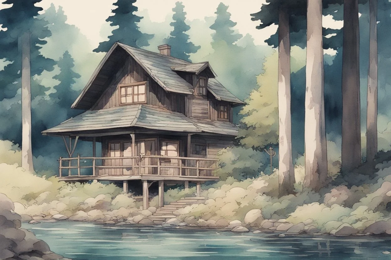 retro anime style, full color, dark serious 1980s anime style, A western cottage in the forest near a river, watercolor, forest,