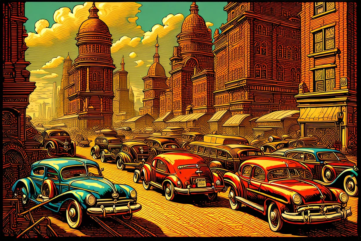 Cars and vehicles, steampunk sci-fi City, Chromolithography, weird, cinematic, psychedelic tableaux art, extremely detailed, high resolution, creative