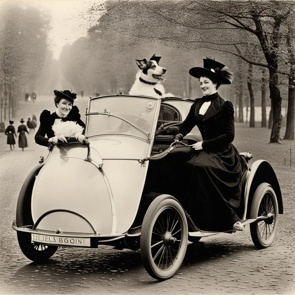 The Goldsmith Ladies in the Bois de Boulogne in 1897 on a Peugeot car, Julius LeBlanc Stewart, smile, dog