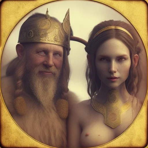 A viking and his wive having a bath, scary, steam punk, realistic, made in octane, cinematic, ultra-realistic, extremely detailed octane rendering, 8K, VRAY Super Real ar 2:3, dof photorealistic futuristic 50mm lens hard lighting dark gray tintype photograph, realistic lighting, sepia color