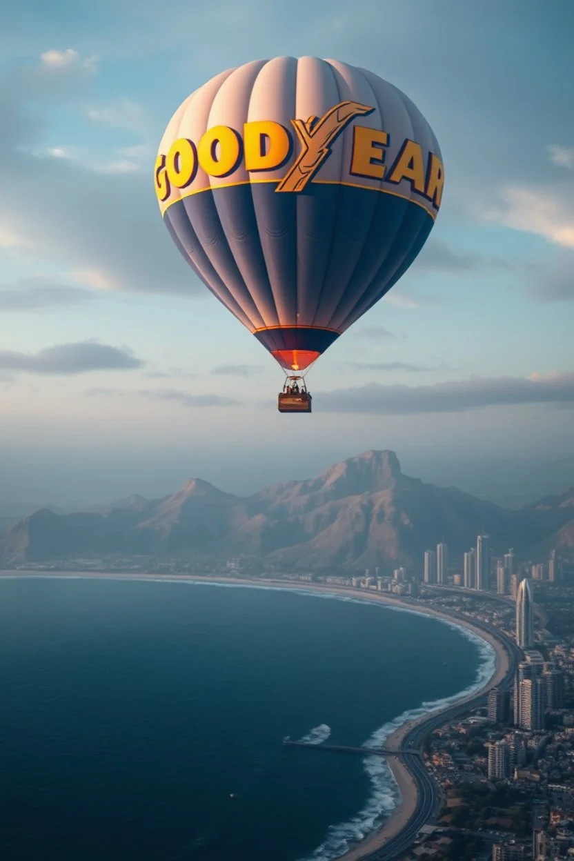 Mystical, Desert, Fantasy, City, Beach, Ocean, Modern, Metropolis, Oceanside, Oriental a Goodyear ballon is hovering above