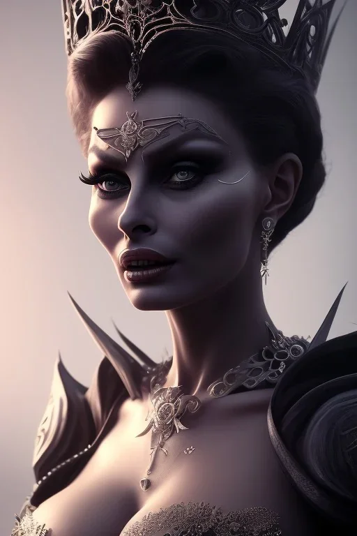 Sophia Loren as evil queen in black leather, cleavage, angry, stern look. character design by cory loftis, fenghua zhong, ryohei hase, ismail inceoglu and ruan jia. unreal engine 5, artistic lighting, highly detailed, photorealistic, fantasy