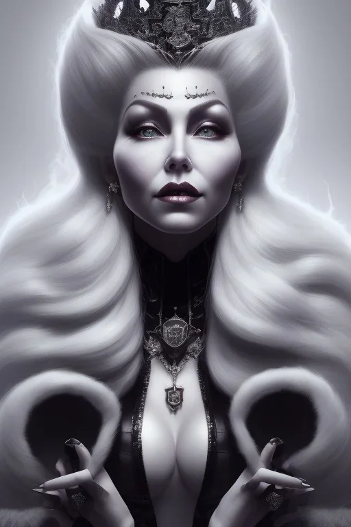 Mae West as evil queen in black leather, leather, busty, cleavage, angry, stern look. character design by cory loftis, fenghua zhong, ryohei hase, ismail inceoglu and ruan jia. unreal engine 5, artistic lighting, highly detailed, photorealistic, fantasy