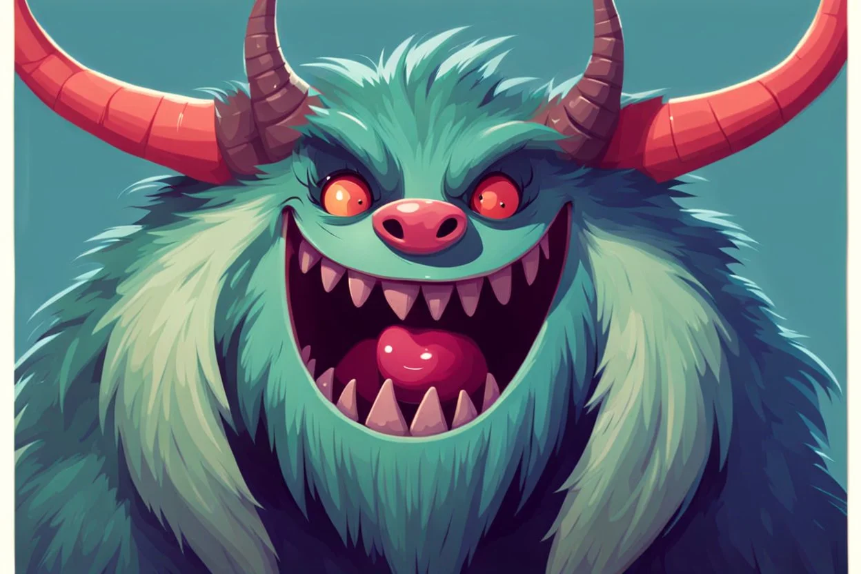 closeup on face of cute character with fur, horns and big toothy grin, peculiar character style, cute monster