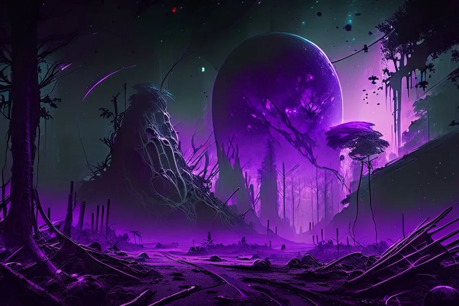 Intact & Functional Sci-fi Colony, Alien Planet Corrupted Forest, Dense Purple Fog, Dead Soil, Broken Roads ,Black Night Sky, Stars, Space, Distant Planets