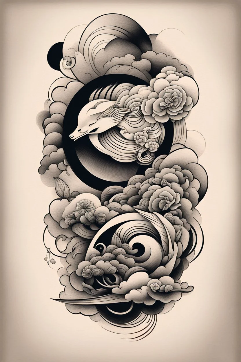 Create a captivating modern 2d Japanese tattoo design for print , using the elegant influences of japan art style, for print, dynamic elements from fashion and design, and bold Japanese art aesthetics, framing centered in the center, distanced from the edges of the paper perimeter, perfect anatomy, bauhaus, Divine Proportion,
