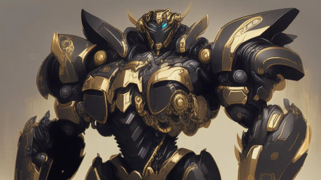 black mecha with golden ornaments, comic style