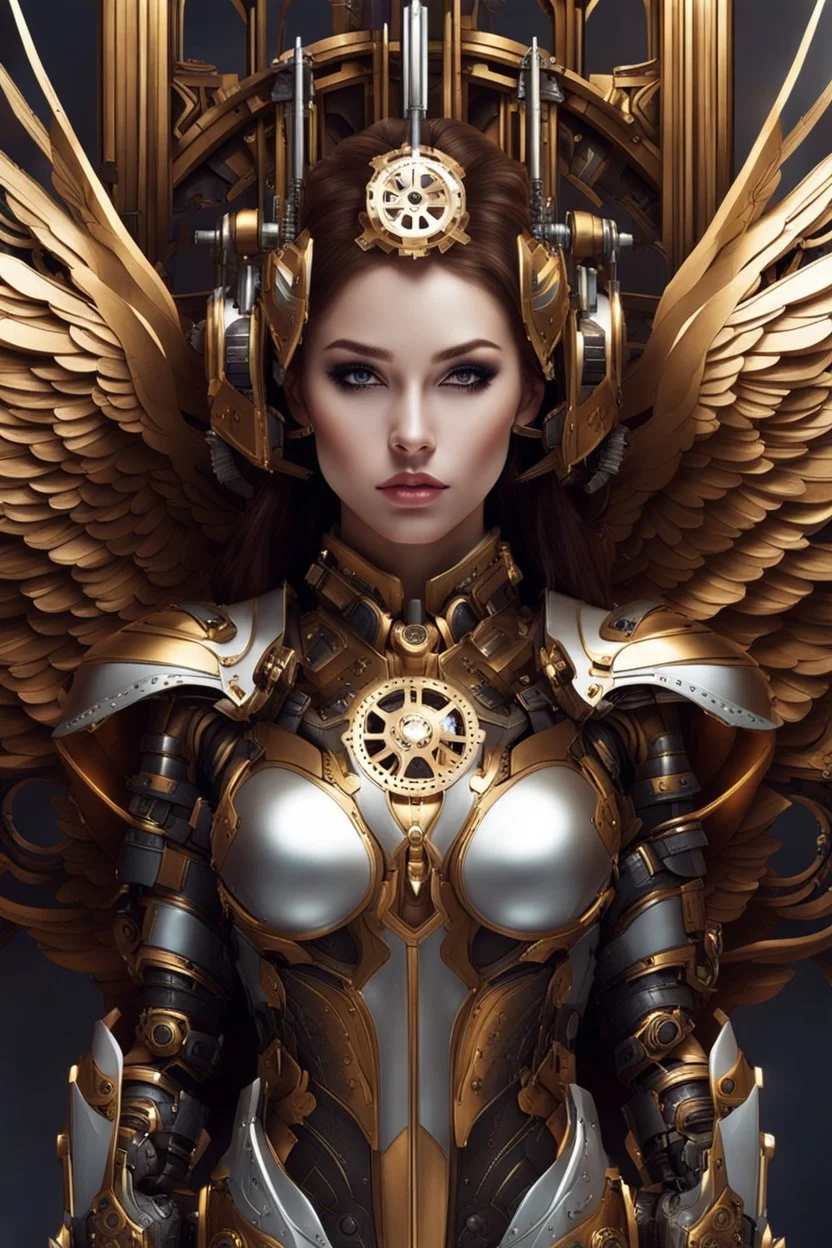 Photo Full body Lady Angel cyborg straddle wings, using traditional armor,detailed, intricate,gears cogs cables wires circuits, gold silver chrome copper,abstract background