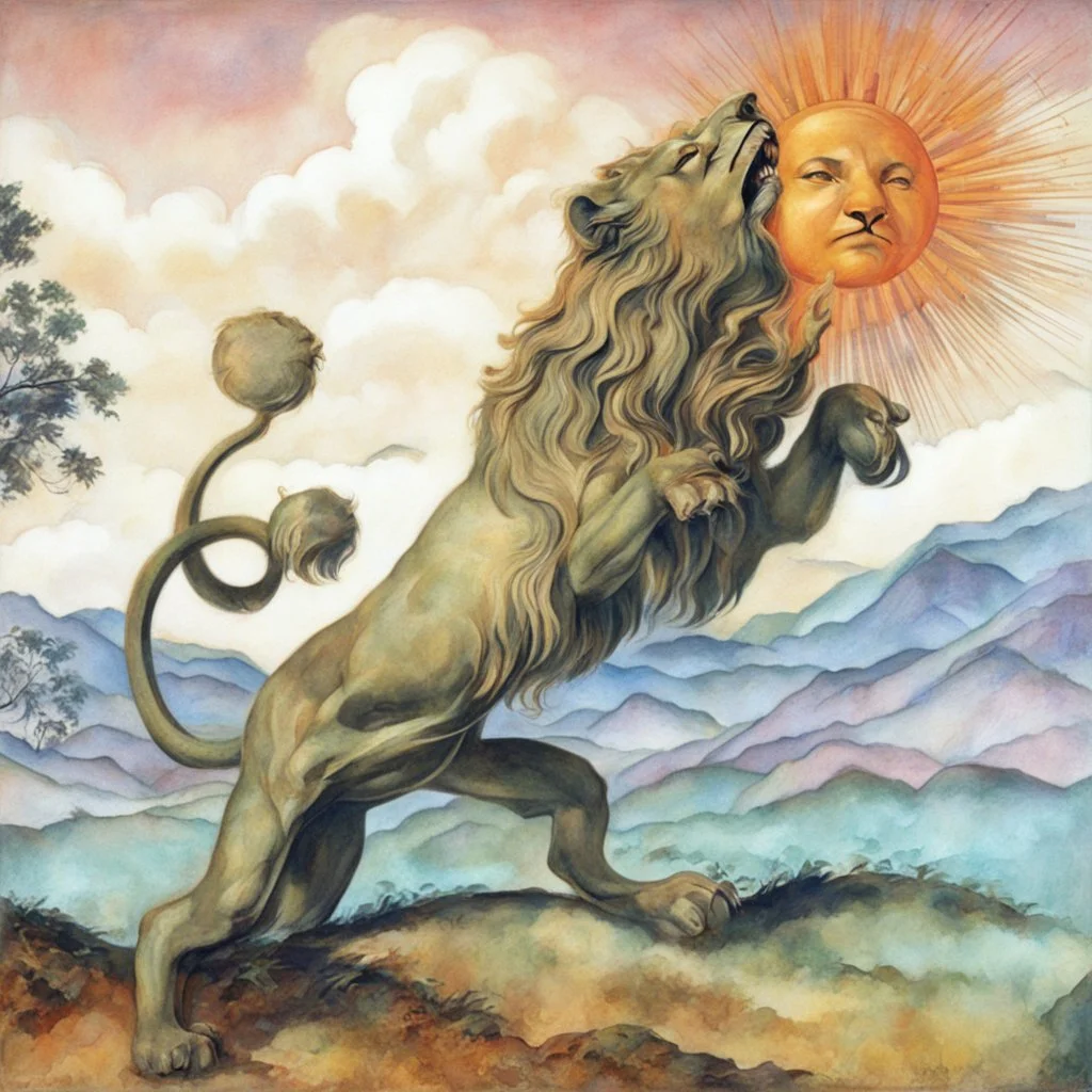 Art deco design of a lion devouring a sun