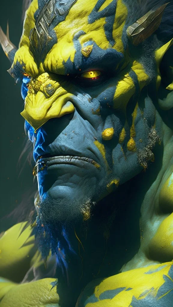 A Na'vi Ogre warrior with large yellow eyes, warrior painted skin, starring at the viewer, 8k resolution concept art portrait by Greg Rutkowski, Artgerm, WLOP, Alphonse Mucha dynamic lighting hyperdetailed intricately detailed Splash art trending on Artstation Unreal Engine 5 volumetric lighting, by Hajime Isayama