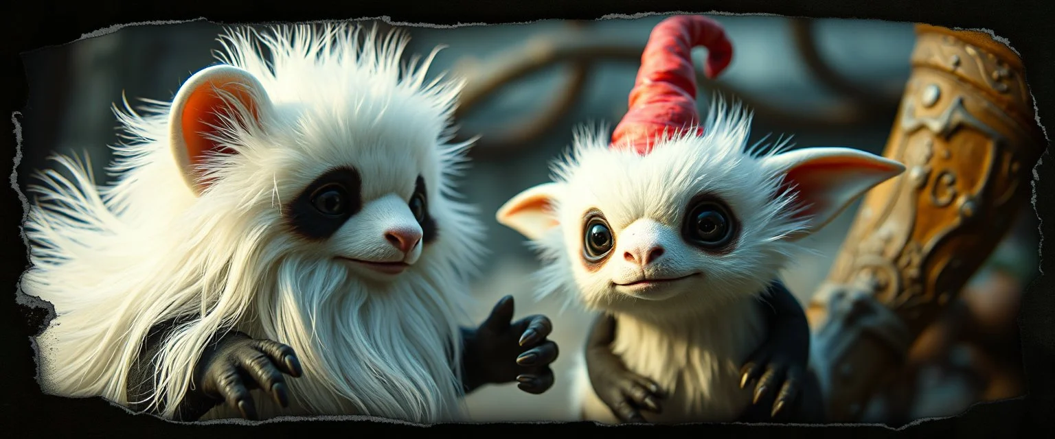 3d airbrush render, white fluffy gnome panda elf alien dodo , pinhole cam, airbrush 3d rendering, in the style of Titian and Dali , torn edges on border