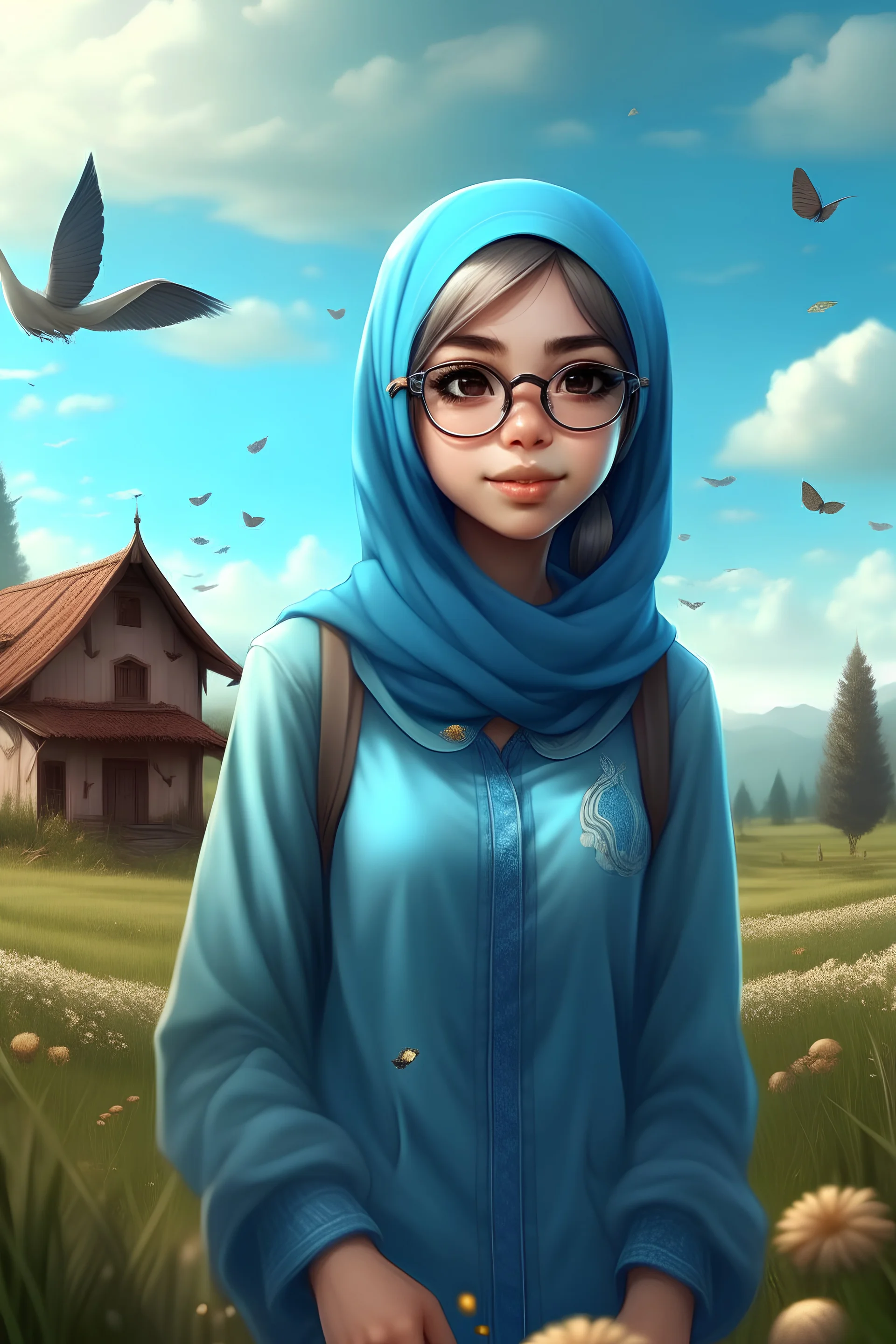 Seorang cewek cantik memakai hoodie biru muda, ada tulisan "Charist 91", memakai hijab, berkacamata, memakai rok biru panjang, memakai sandal, berdiri didepan rumah memandangi sawah, ada petani, ada kerbau, ada anak kucing kecil lucu, ada burung kecil terbang, pemandangan gunung-gunung, pohon, bunga-bunga, suasana sore hari