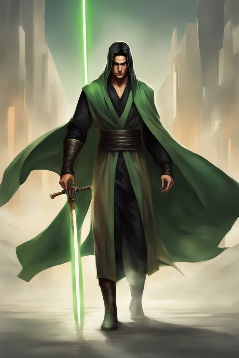 Full Body, Male Tan Human, Sith, Blindfold, Green and Black Robes, Handsome face, Black hair.