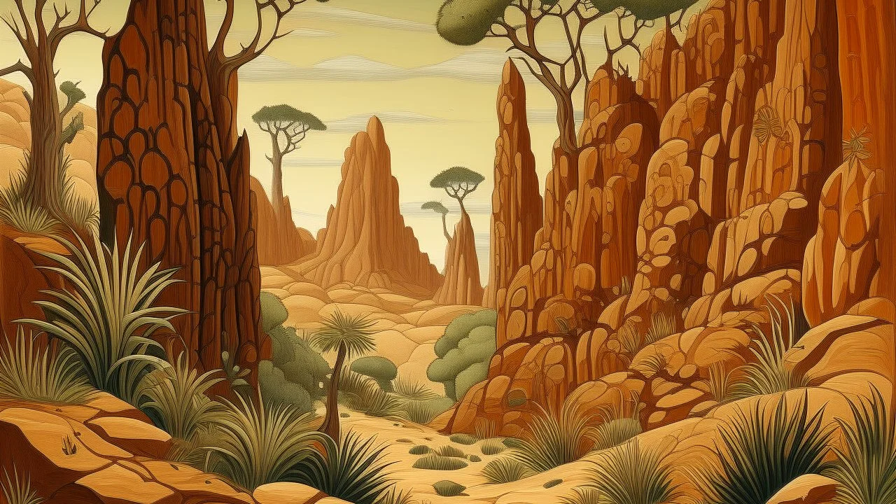 A brown spiky savanna with block shaped rocks designed in cave paintings painted by Paul Ranson