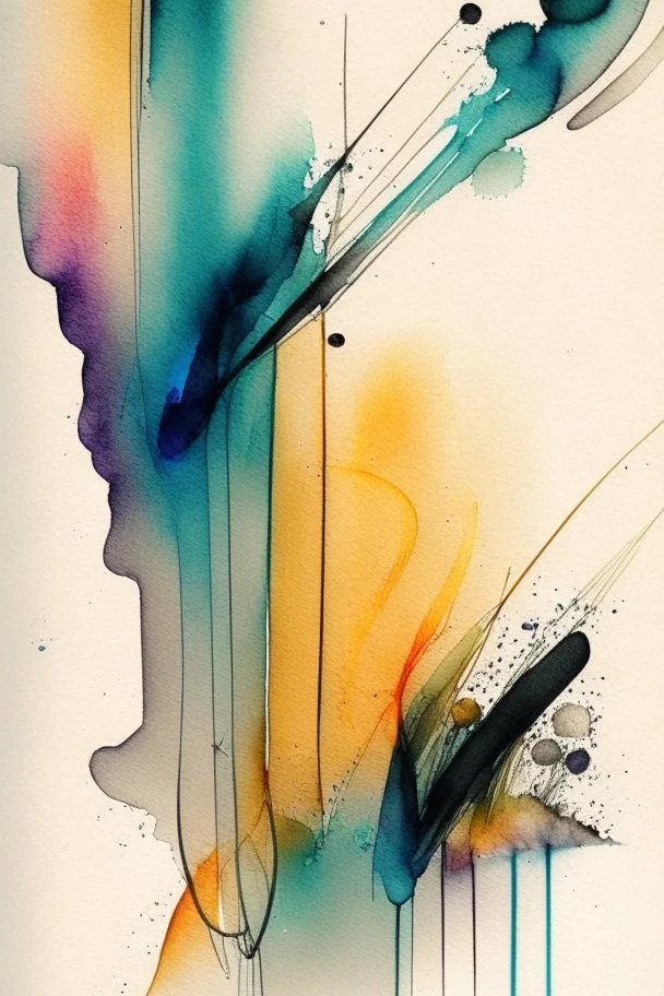 Abstract wet watercolour, ink lines