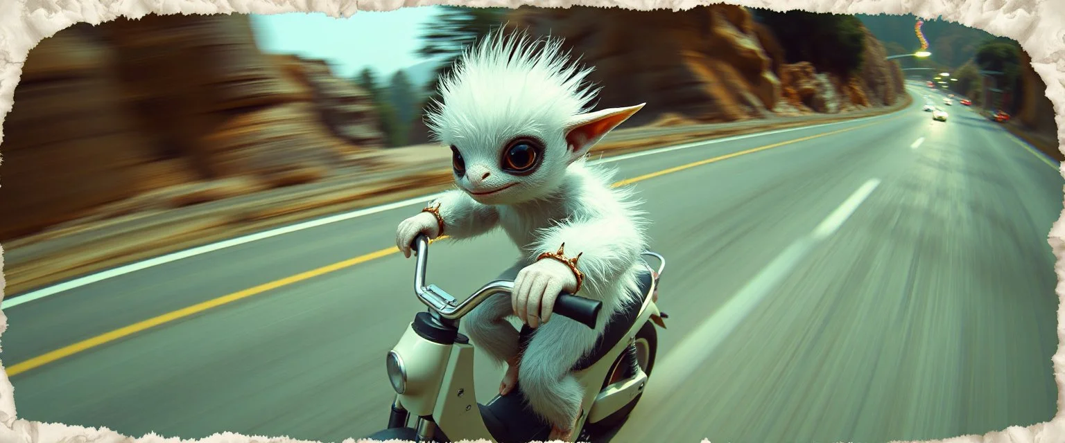 3d airbrush render, white fluffy gnome native panda elf alien dodo on insane fast scooter, pinhole cam, airbrush 3d rendering, in the style of Titian and Dali , torn egg shell edges on border