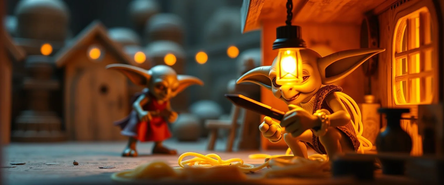 air brush 3d with pen outline,spaghetti western goblin edgy hero, shallow depth of field, warm lantern, pin hole cam in doll house