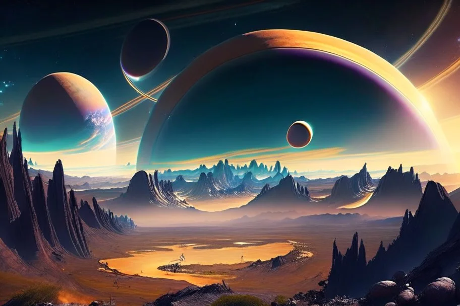 Alien landscape with Epic exoplanet with rings in the sky, over the valley.