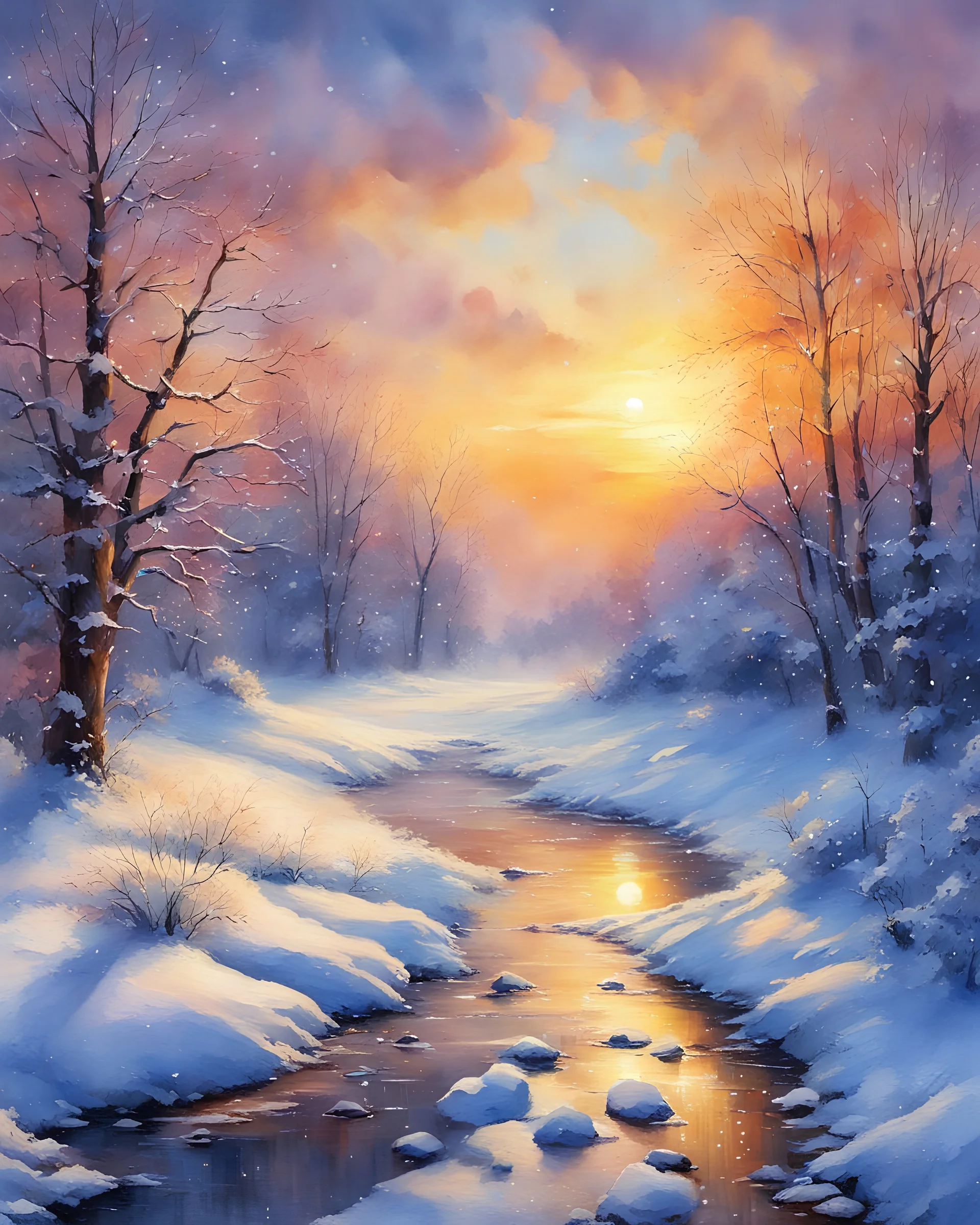 Painting of a snowy winter sunset on the plain, Snowfall, watercolor painting, watercolor painting style, beautiful painting, painted by Thomas Kinkade, winter, snow, sunset, vibrant colors, masterpiece, detailed watercolor details, high quality, 4k