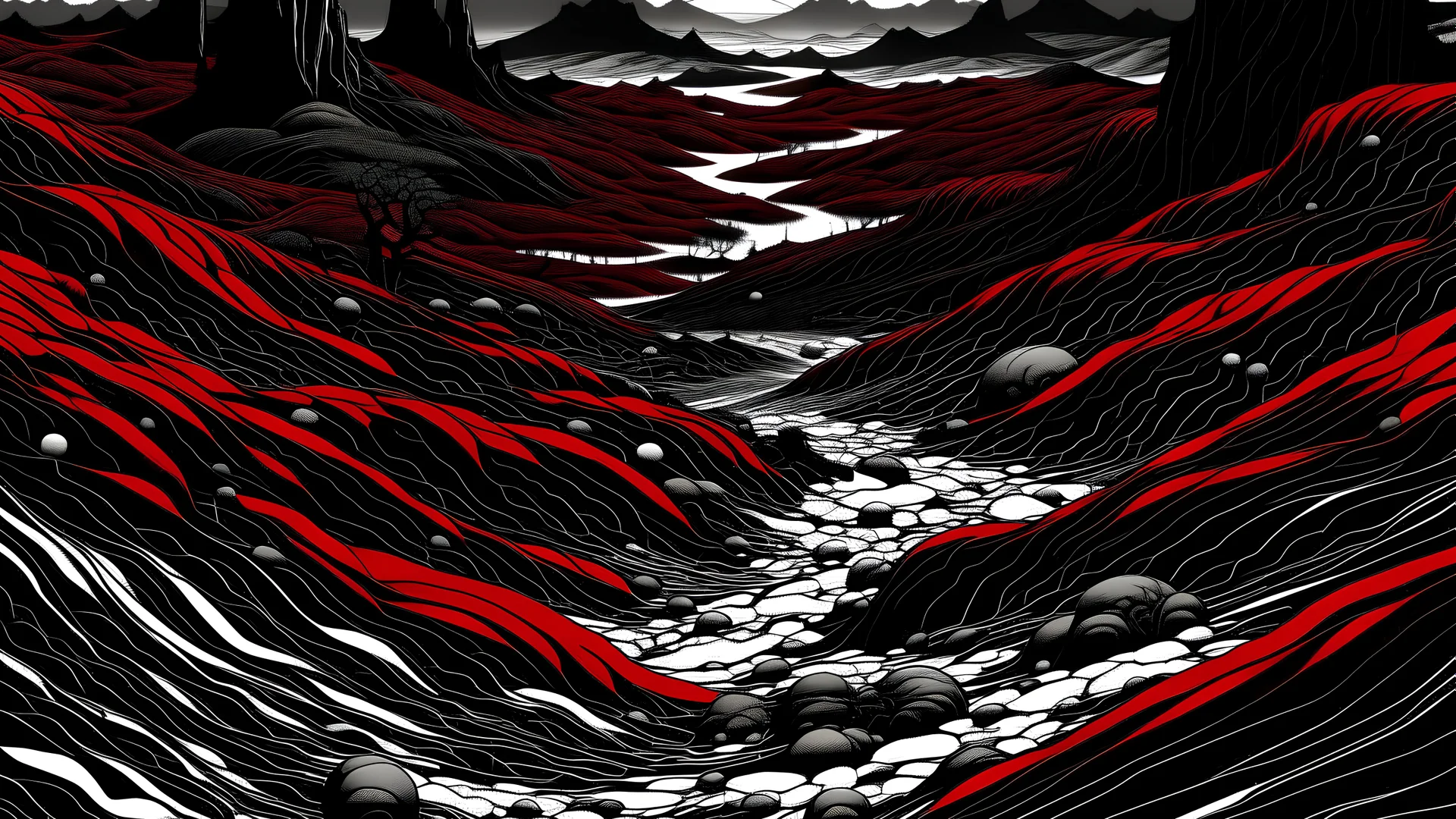 A digital illustration by Kuniyoshi and Hajime Sorayama of a black and white desert landscape with abstract red shapes.