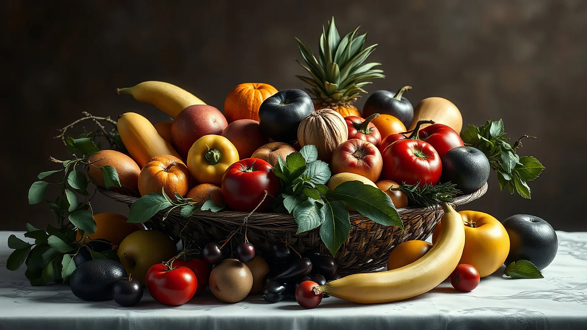 a collection of assorted fruits and vegetables on a table, beautiful fruit-bowl, exquisite composition, beautiful detailed intricate insanely detailed octane render trending on artstation, 8k artistic photography, photorealistic concept art, soft natural volumetric cinematic perfect light, chiaroscuro, award-winning photograph, masterpiece, raphael, caravaggio, Alma Tadema, Bouguereau