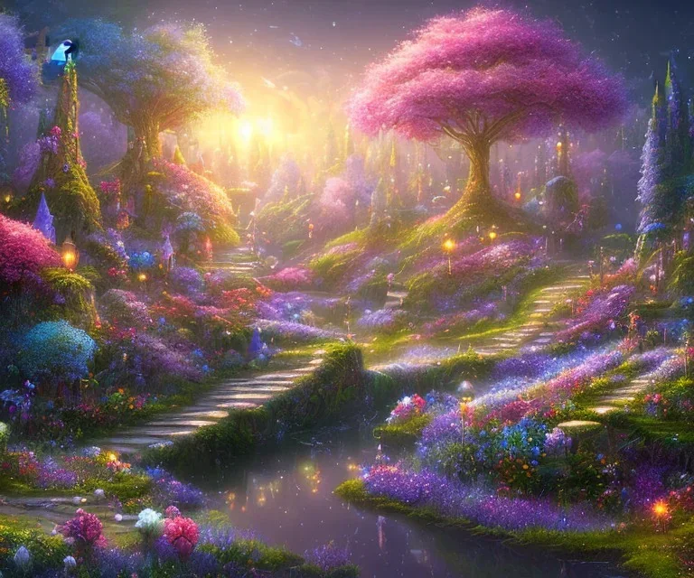 mondo fairy,paesaggio da favola notturno con fiori fluoriscenti alberi magici,fiori colorati luminosi