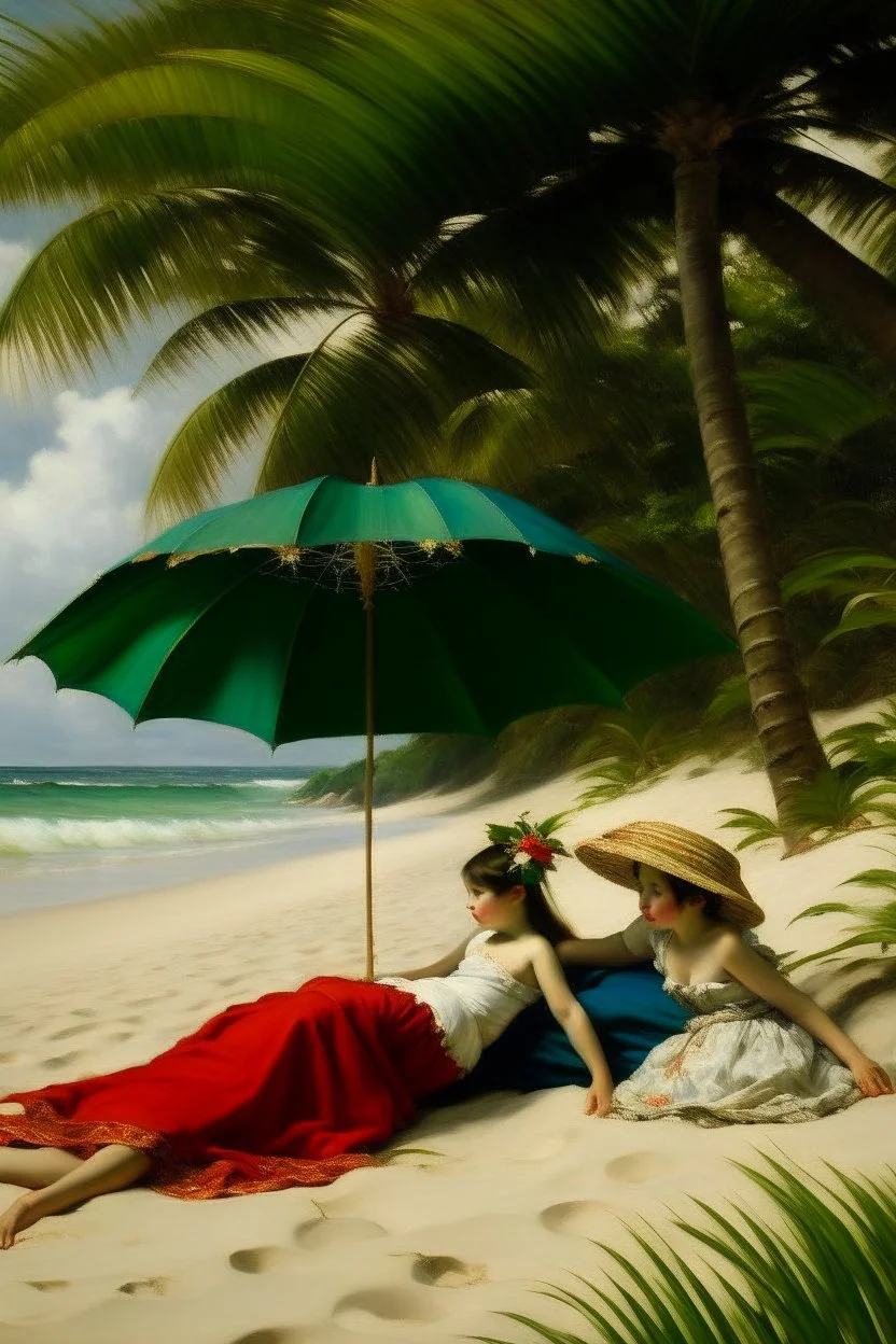 tropical beach two childeren and a woman lying paining neoclassism