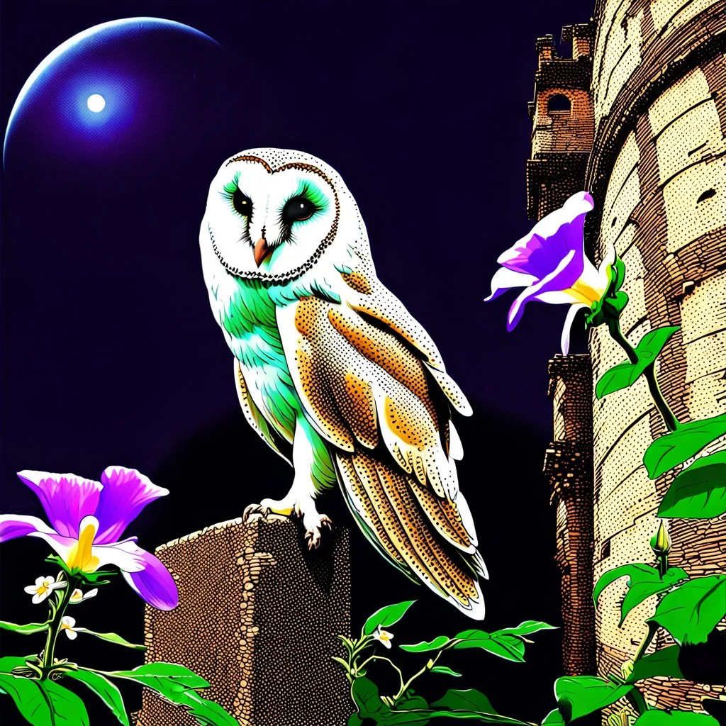 Adobe Promp: On a wall, a close up of a barn owl, side view, in a lavish background of blooming passion flowers. In the background in the distance an old ruin. A fisheye effect, a small depth of field, a sloppy look, a vintage atmosphere. a botanical image. Glamour glow, beautiful light.