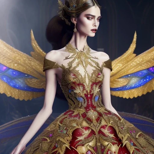 stunning extrem opulent haute couture gown designed by Marchesa inspired by fairies, realistic epic elegant fantasy color mix of black and gold and dark red,decorated with precious stones, detailed, high quality, intricate, fantasyland background,