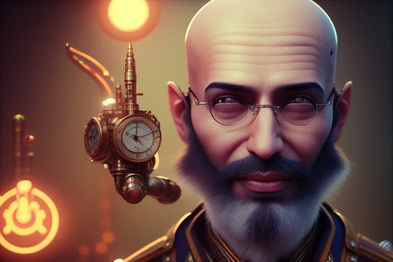 portrait of a bald Atul Bhardwaj, steampunk, brown eyes, no facial hair, steampunk, unreal 5, octane render, cinema4d, dynamic lighting, soft lighting, 4k, redshift render, highly detailed, hyper realistic